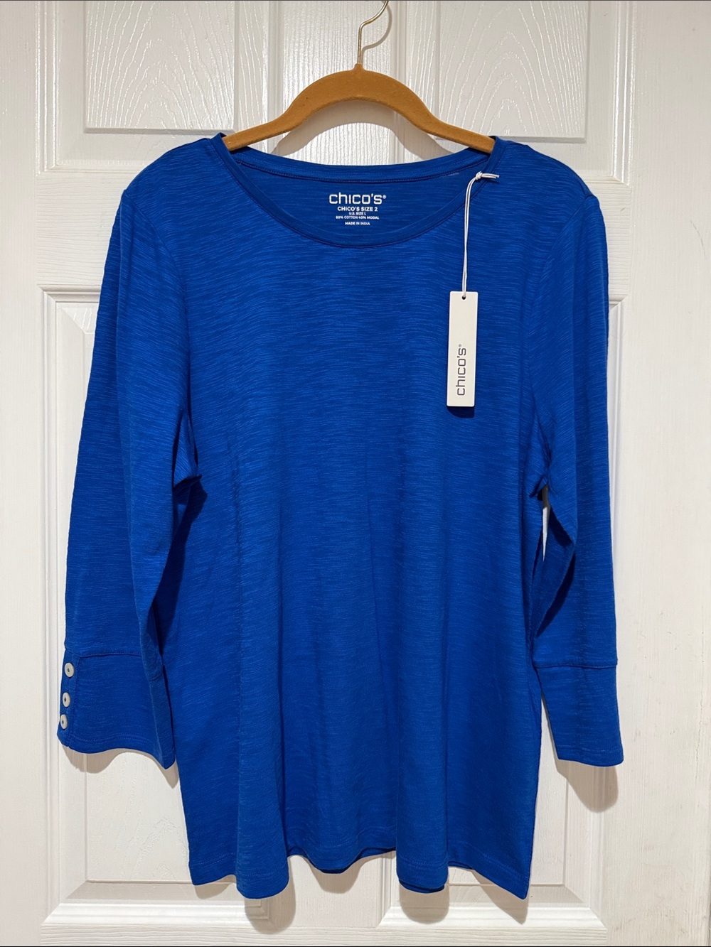 Chico's Royal Blue 3/4 Sleeve Knit Top with Cuff Buttons